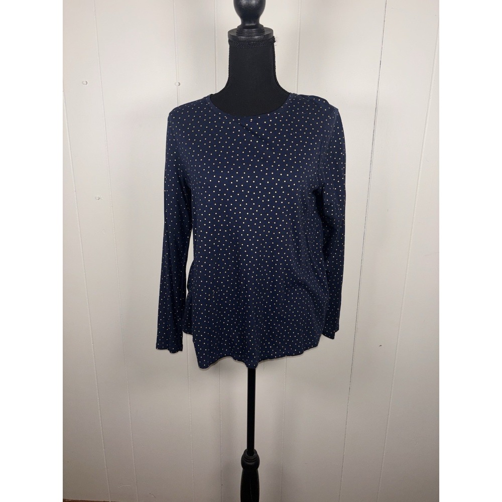 Boden Women's Crew‎ Neck Polka Dot Long Sleeve Top Med Navy Blue Gold Cotton